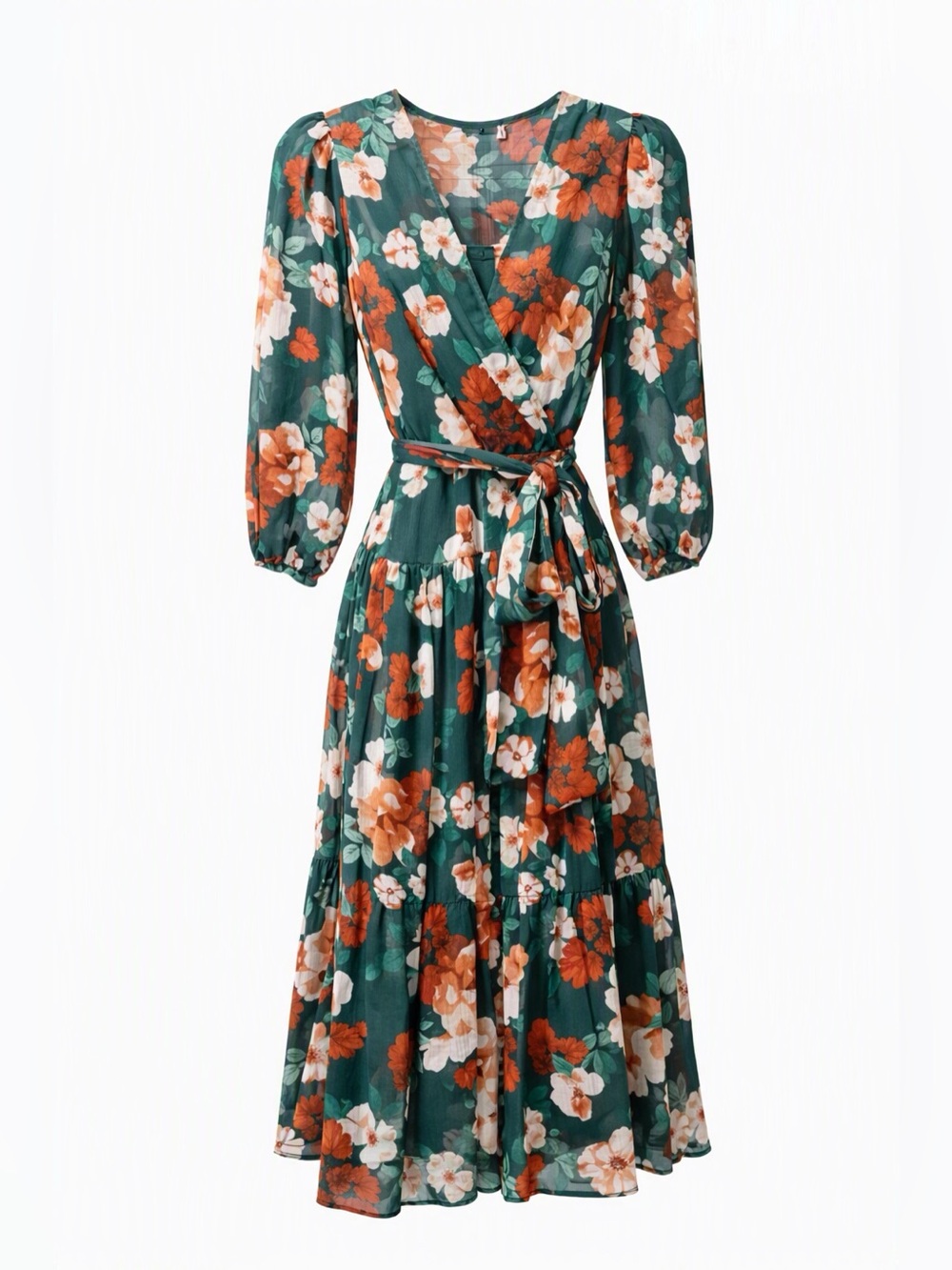 New Calvin Klein Green Orange Blossoms Faux Wrap Midi Dress Size 4